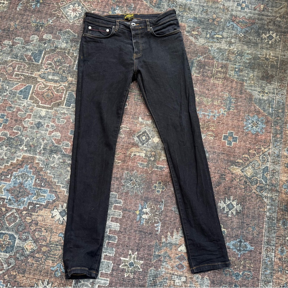 & Sons charcoal/indigo; slim/skinny fit; button fly; men’s jeans, size: 32